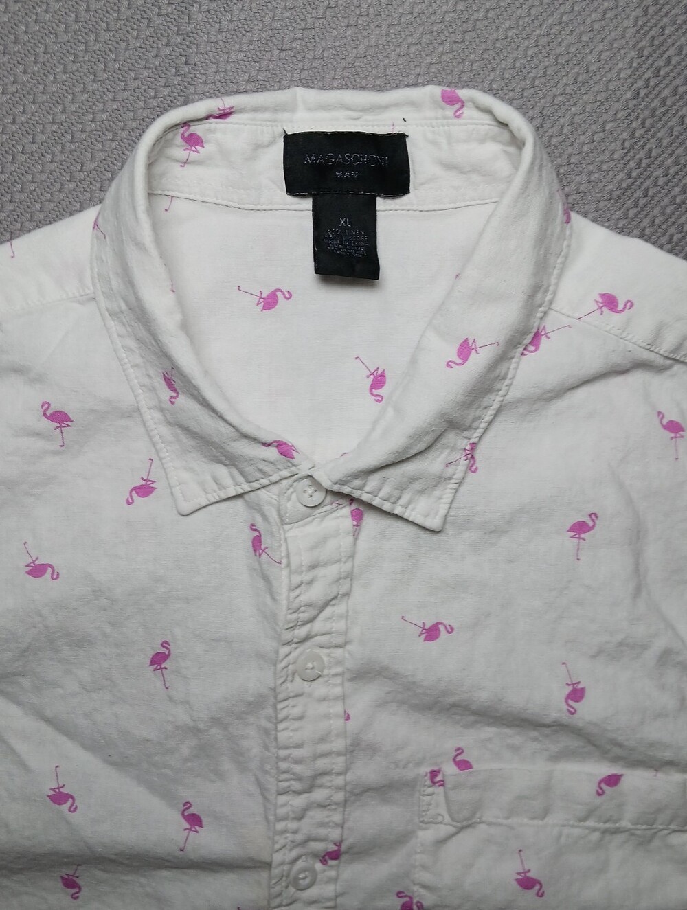 Magaschoni Man Linen Viscose Flamingo Print Button Up Shirt Mens XL White